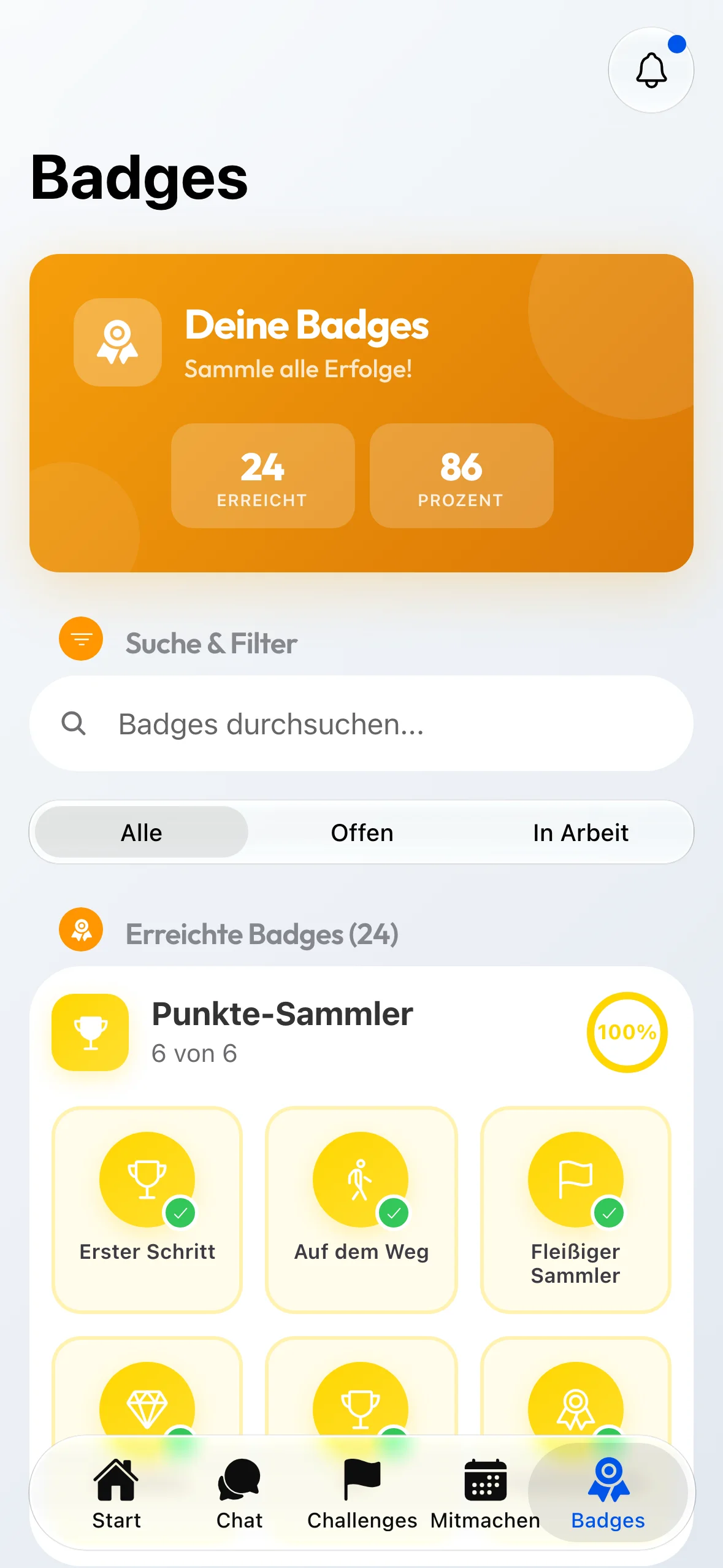 Die Badges-Seite: oben, wie viele erreicht sind, darunter die Gruppen; erreichte Badges tragen einen grünen Haken, offene bleiben blass.