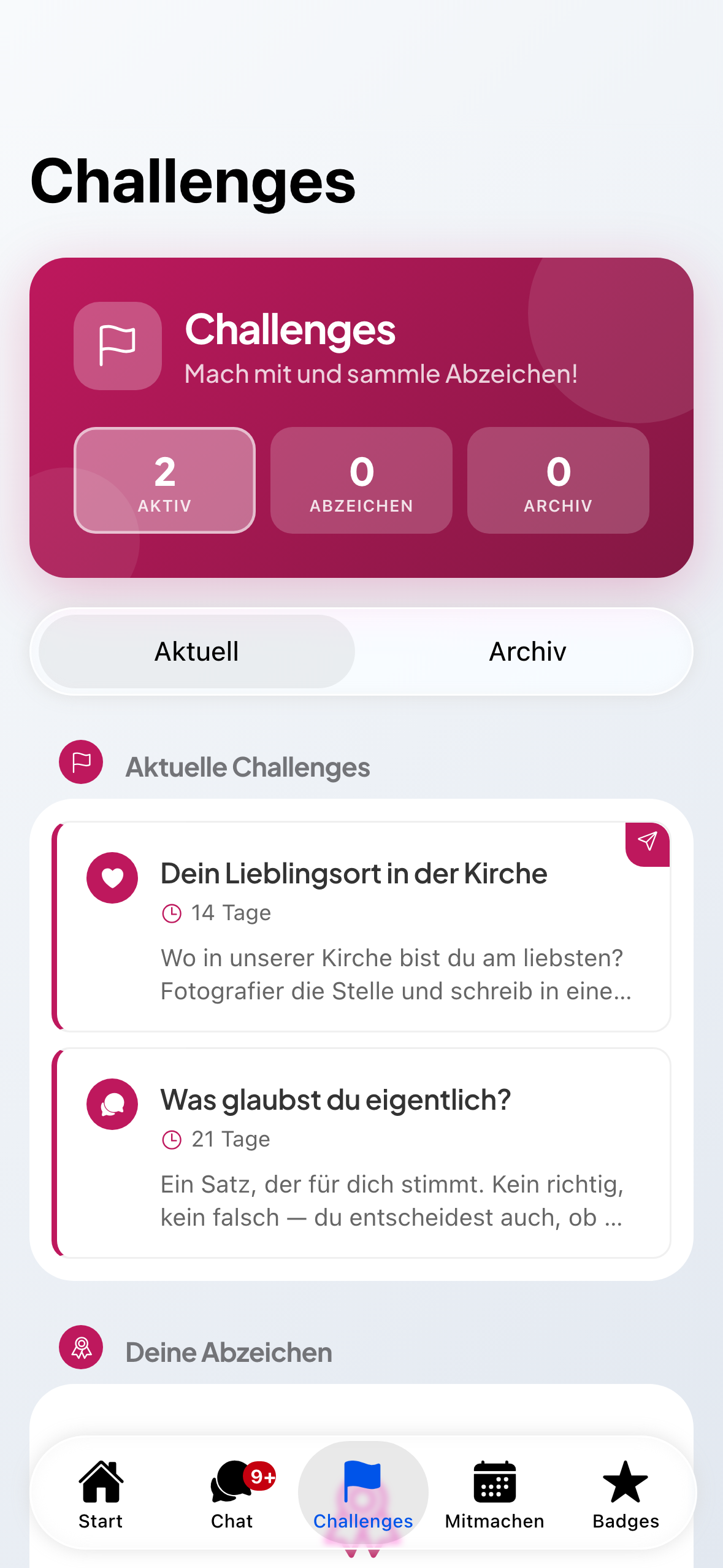 Der Challenges-Bereich mit den Reitern Aktuell und Archiv.
