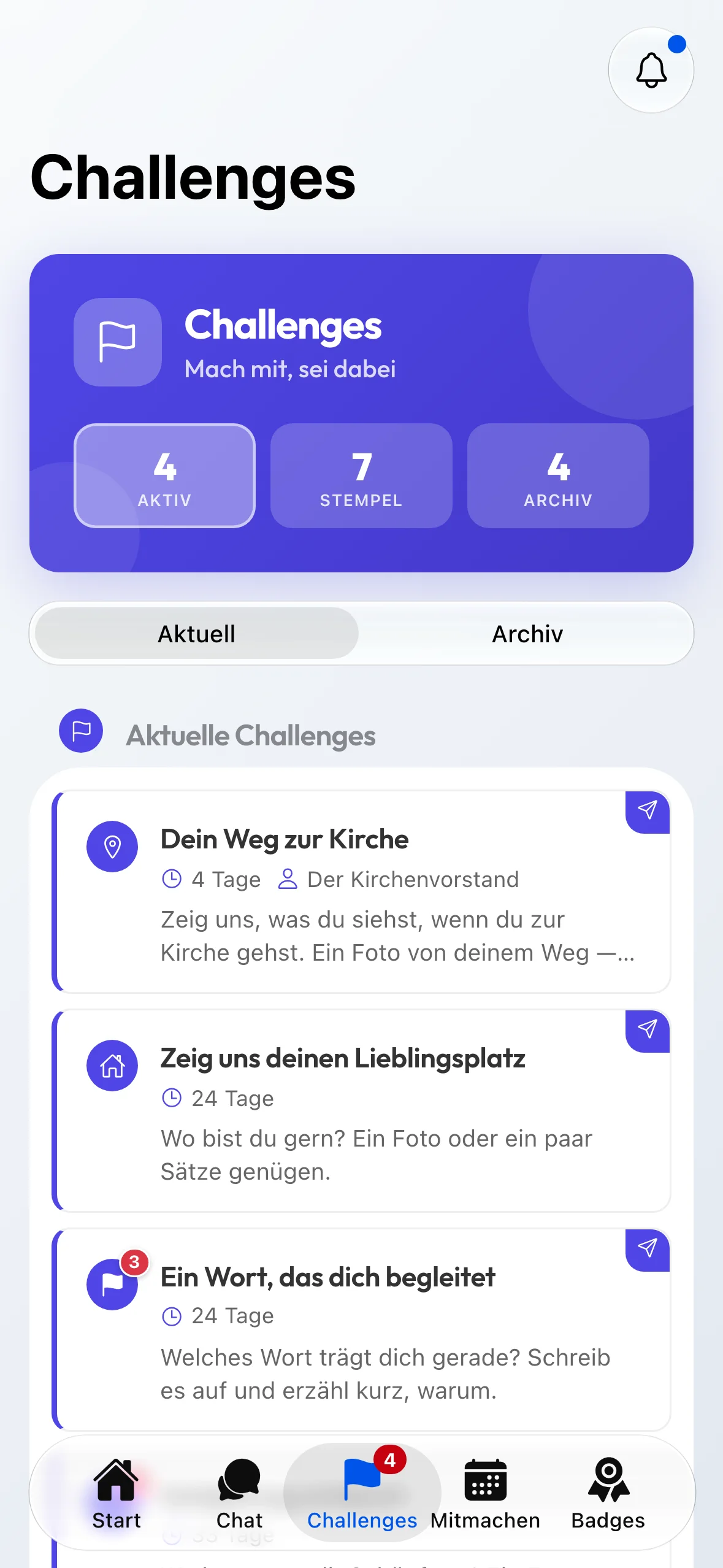Der Challenges-Bereich mit den Reitern Aktuell und Archiv.
