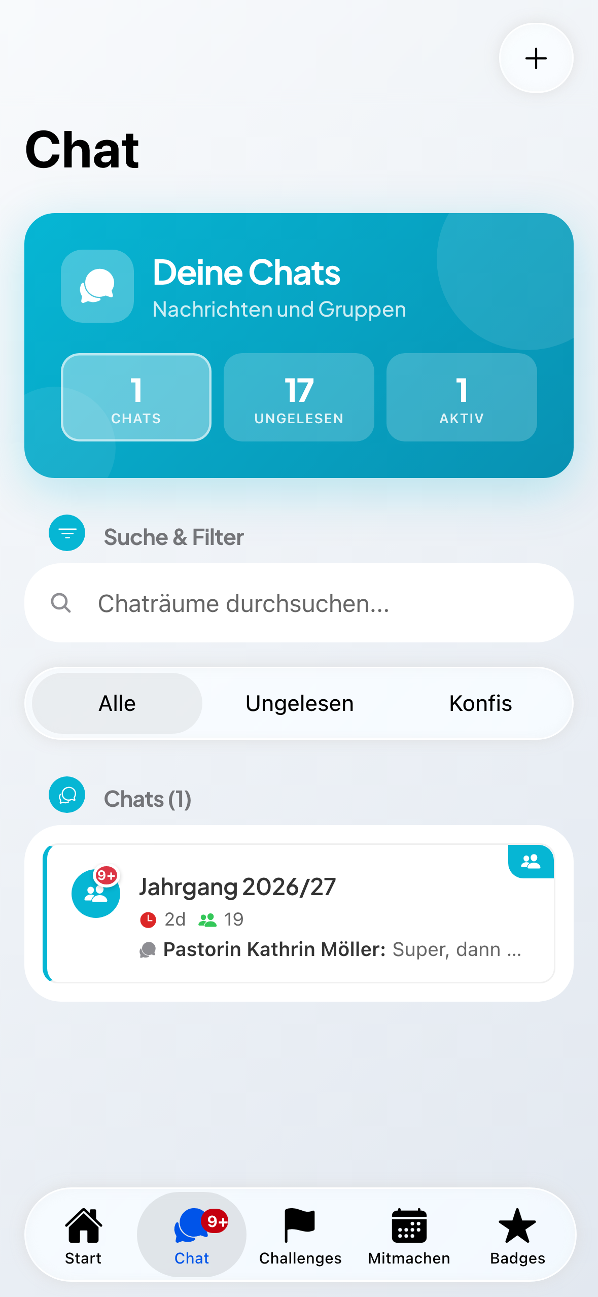 Die Chat-Übersicht mit Gruppen und Einzelgesprächen.