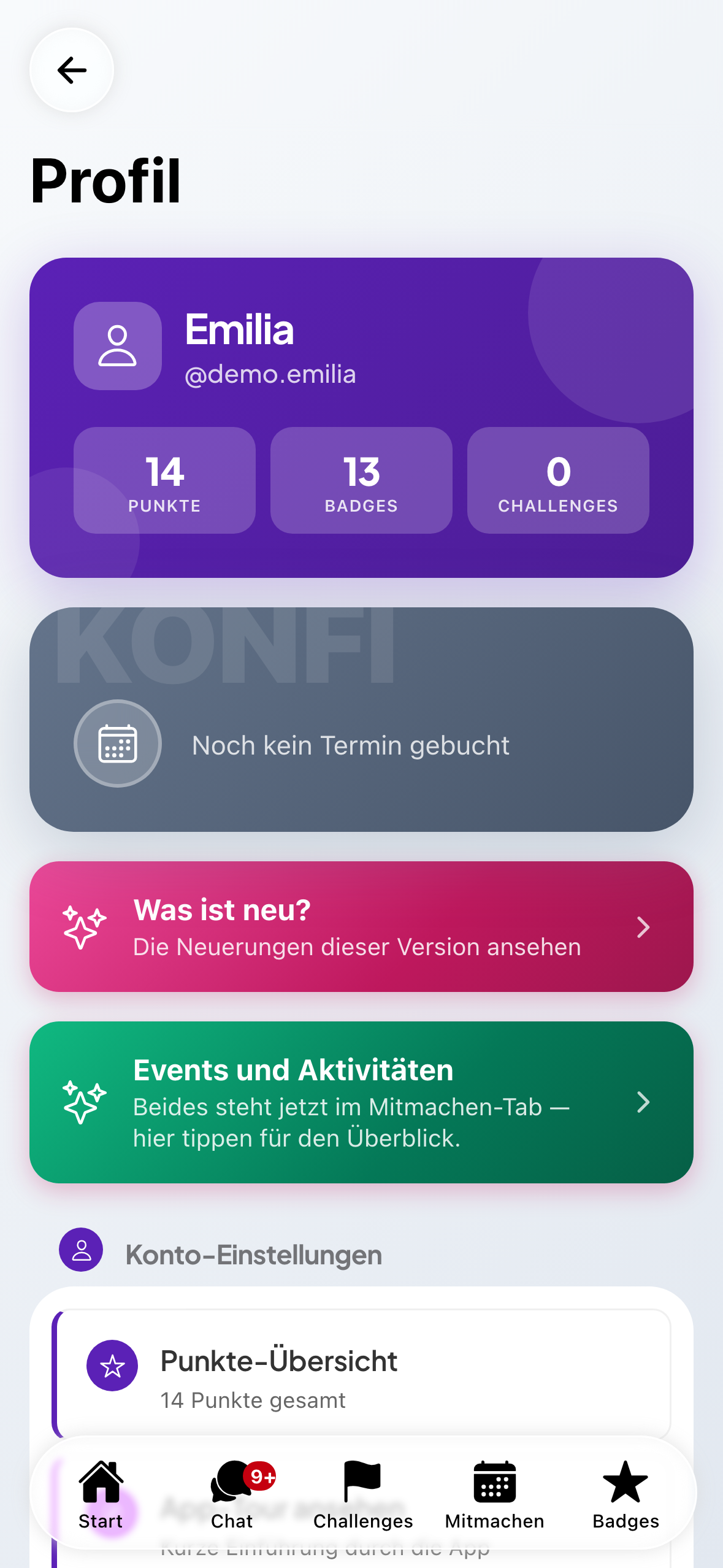Das eigene Profil mit Konfispruch, Jahrgang und Zugangsdaten.