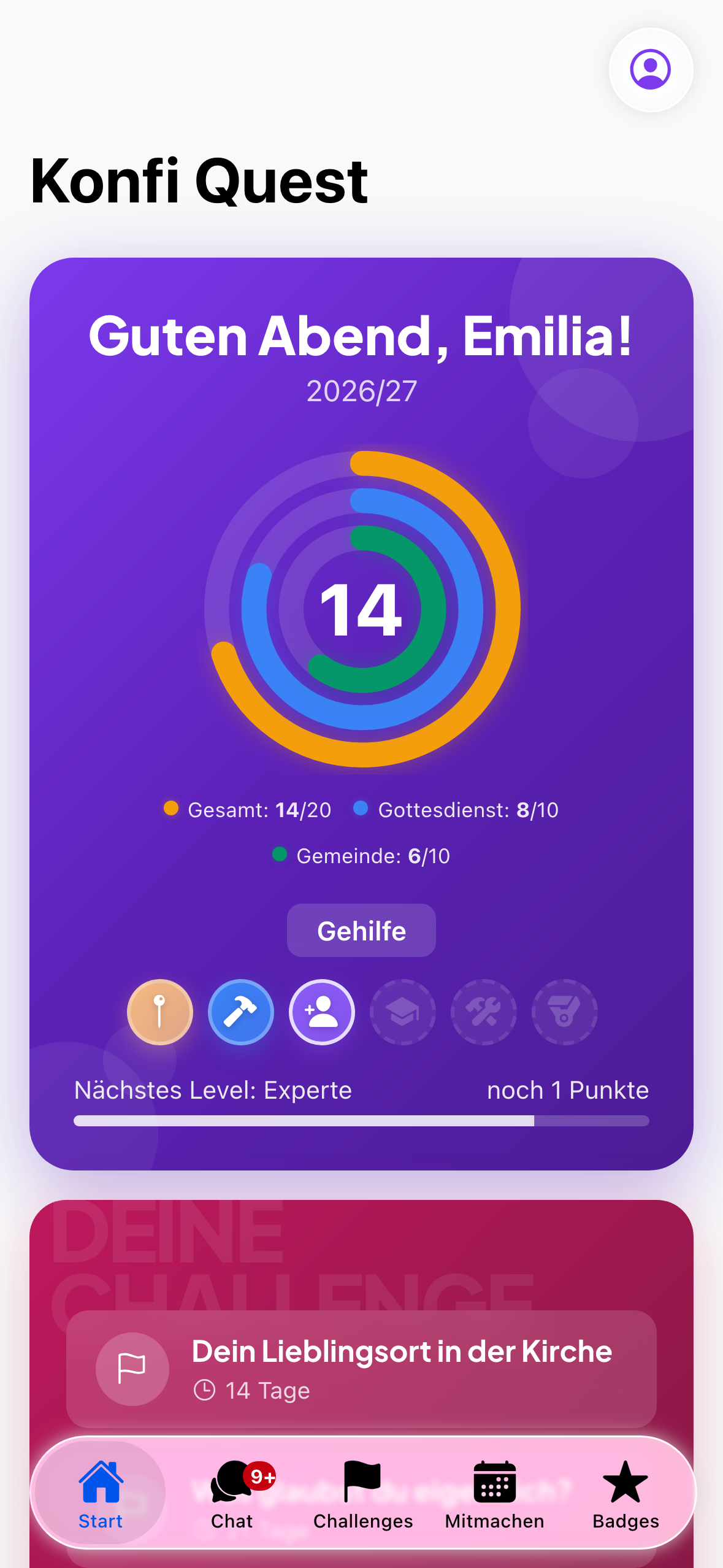 Die Startseite eines Konfis: die drei Punkte-Ringe, darunter das nächste Level und die Abzeichen.