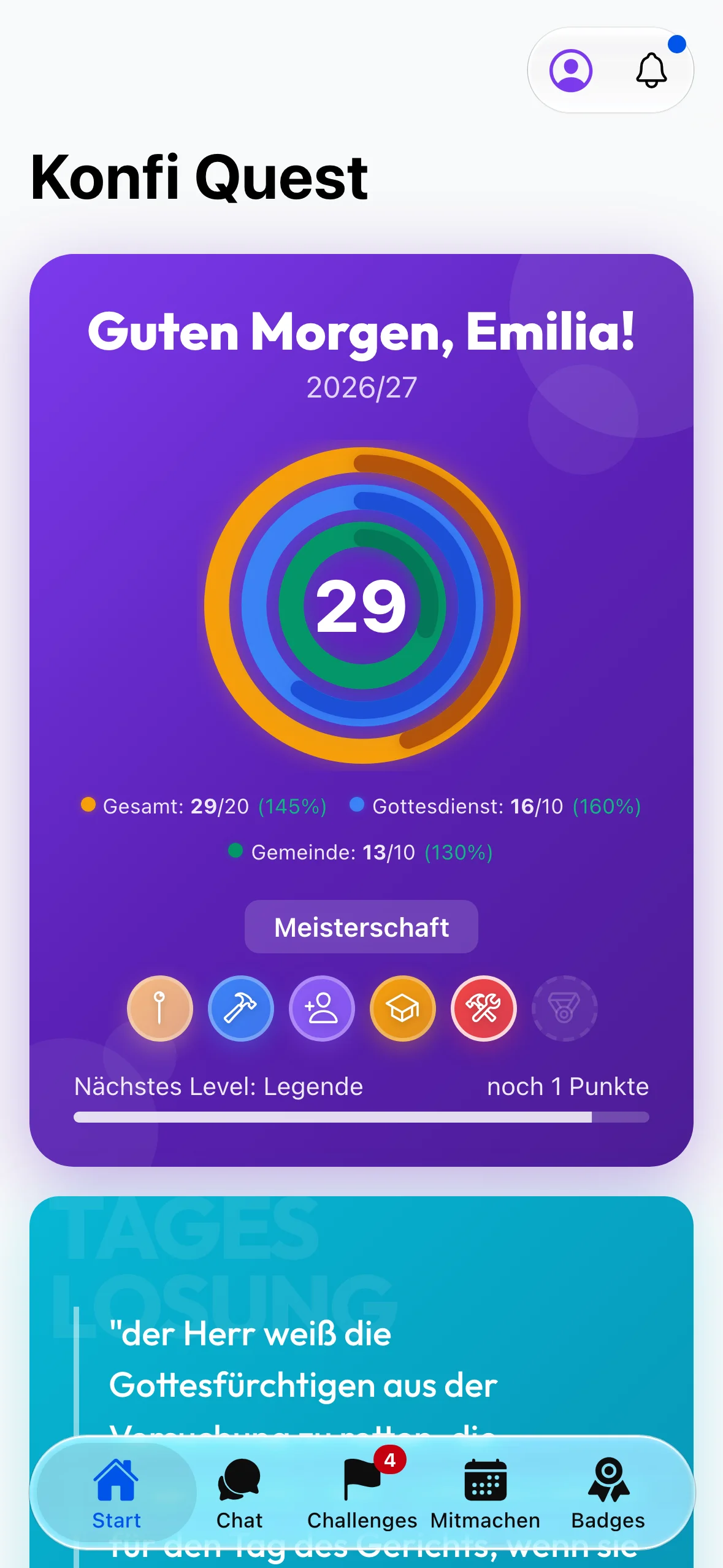 Die Startseite eines Konfis: die drei Punkte-Ringe, darunter die Badges und das nächste Level.