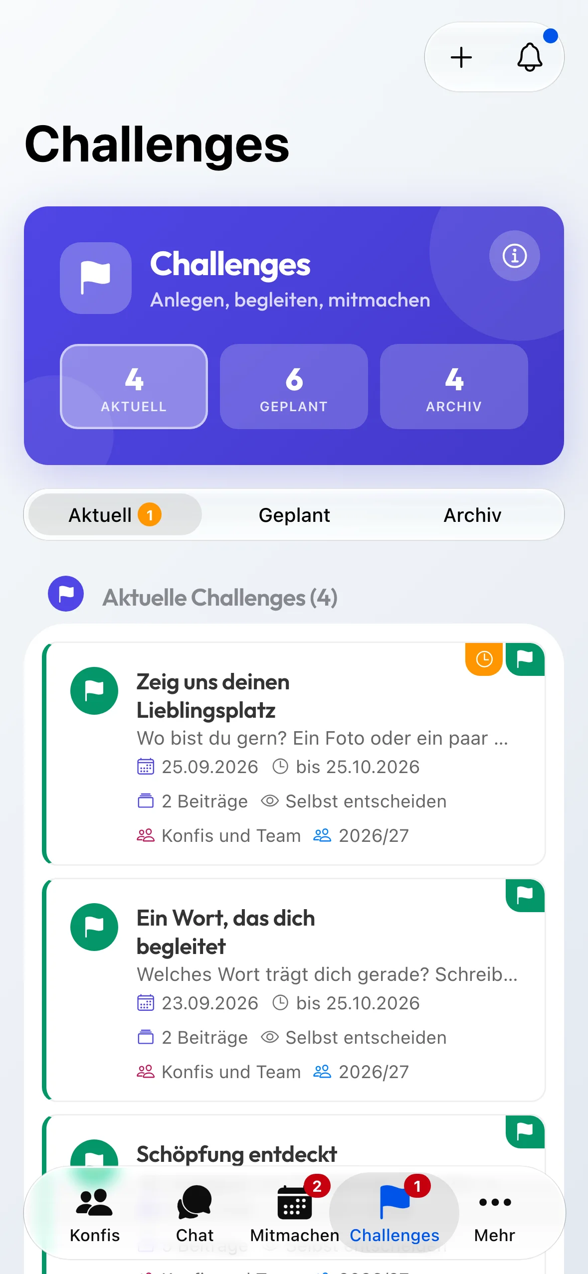 Die Challenges-Verwaltung der Leitung.