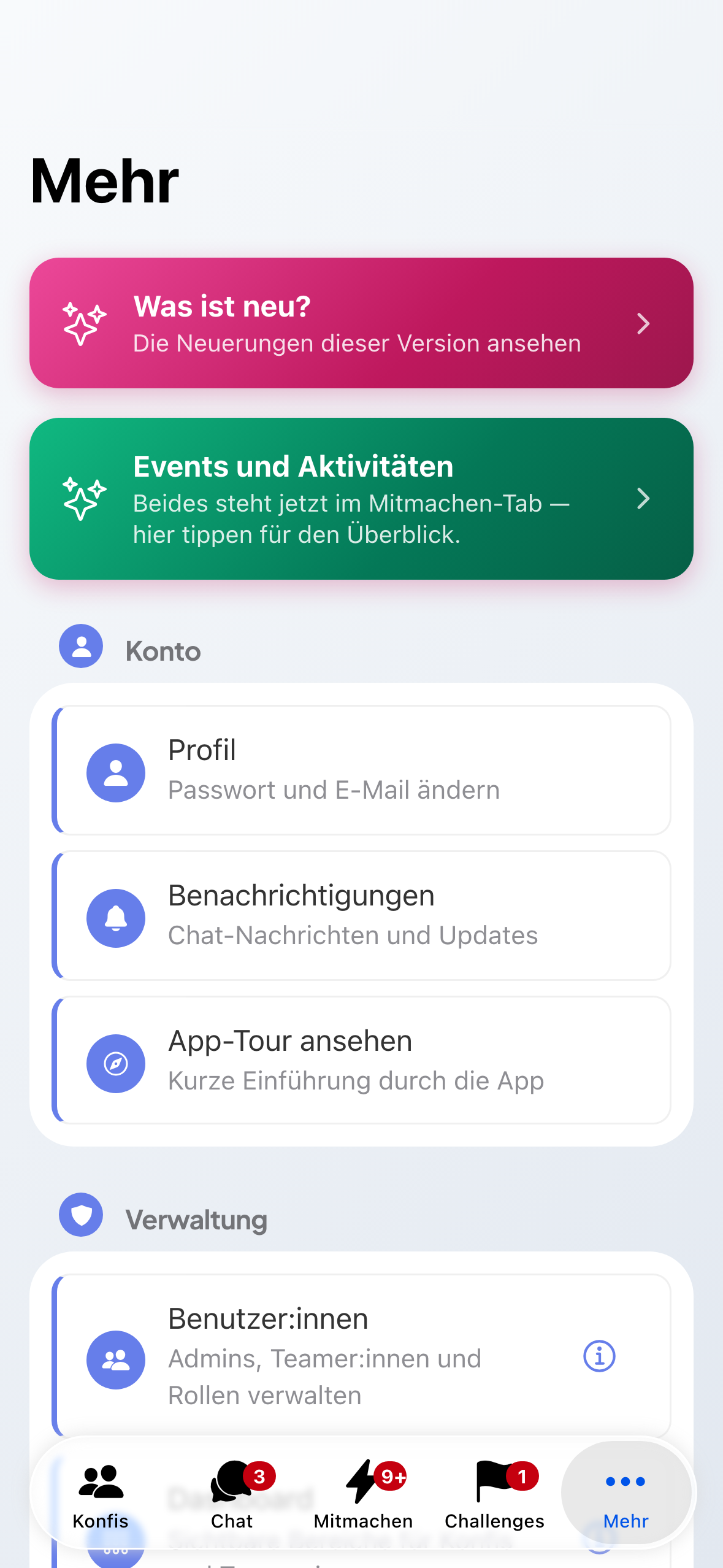 Der Bereich Mehr mit den Einstellungen der Gemeinde.