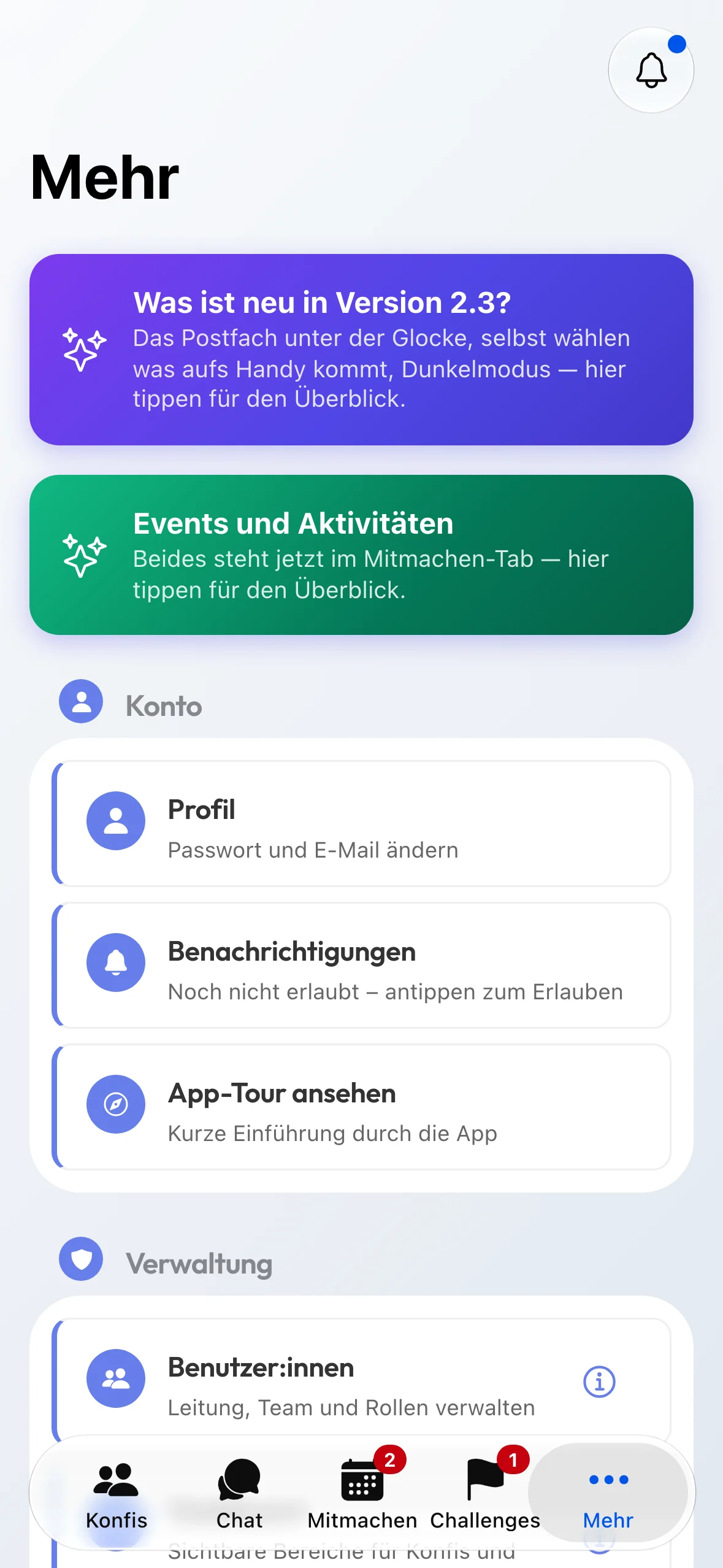 Der Bereich Mehr mit den Einstellungen der Gemeinde.