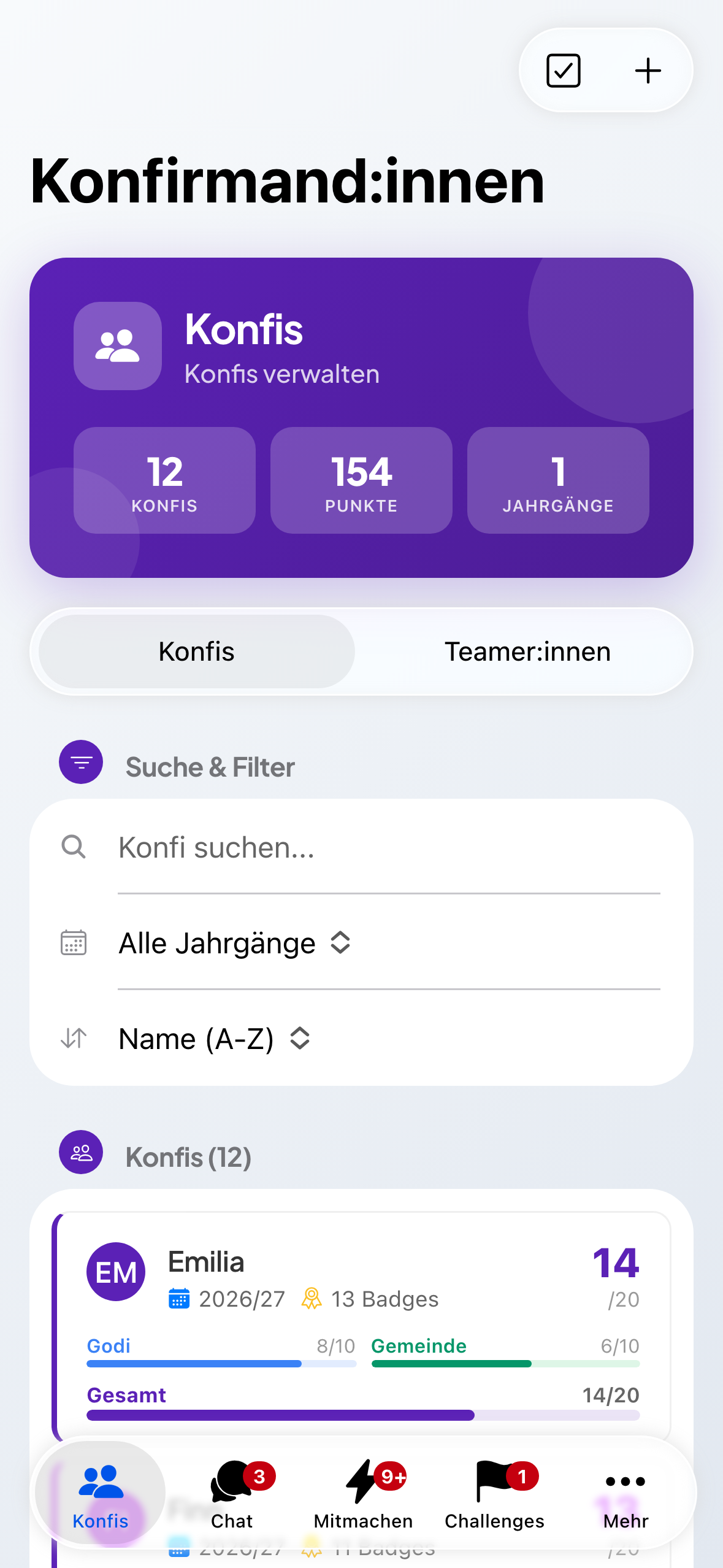 Die Konfi-Liste der Leitung: oben die Zahlen zur Gemeinde, darunter Suche, Filter und die Liste mit den Punkteständen.