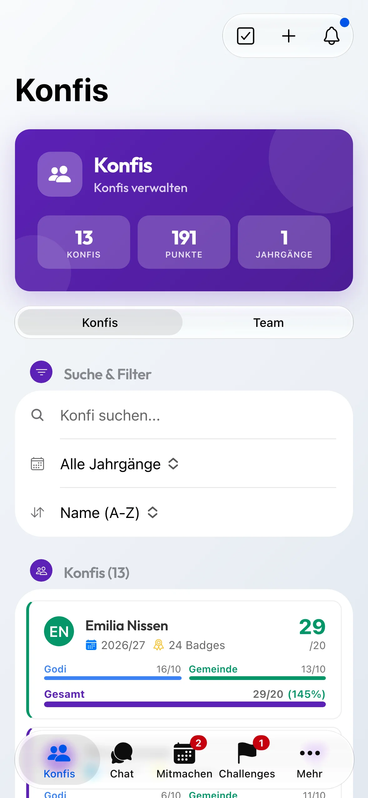 Die Konfi-Liste der Leitung: oben die Zahlen zur Gemeinde, darunter Suche, Filter und die Liste mit den Punkteständen.