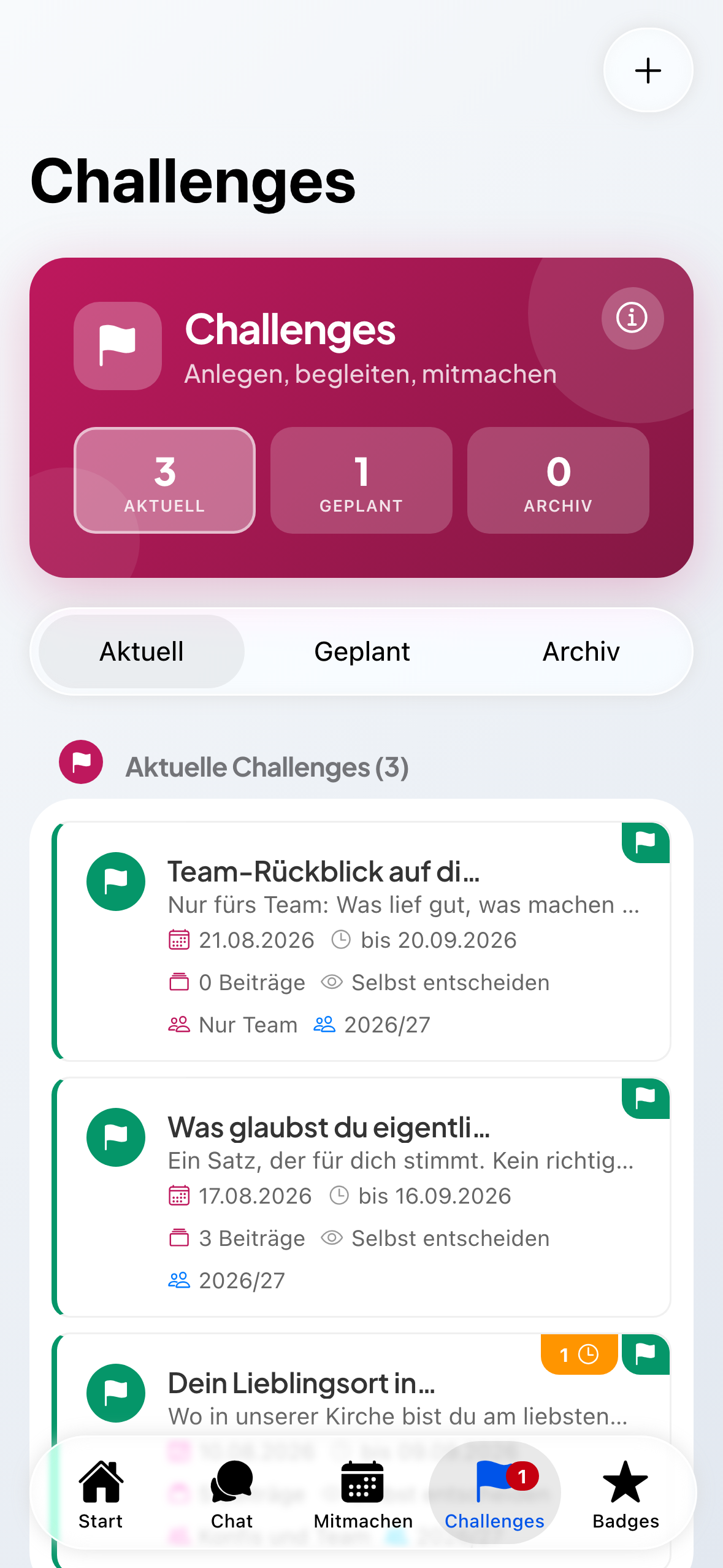 Der Challenges-Bereich in der Teamer-Ansicht.