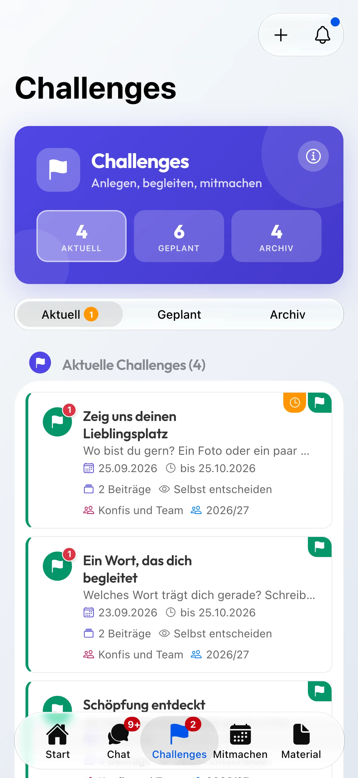 Der Challenges-Bereich in der Teamer-Ansicht.
