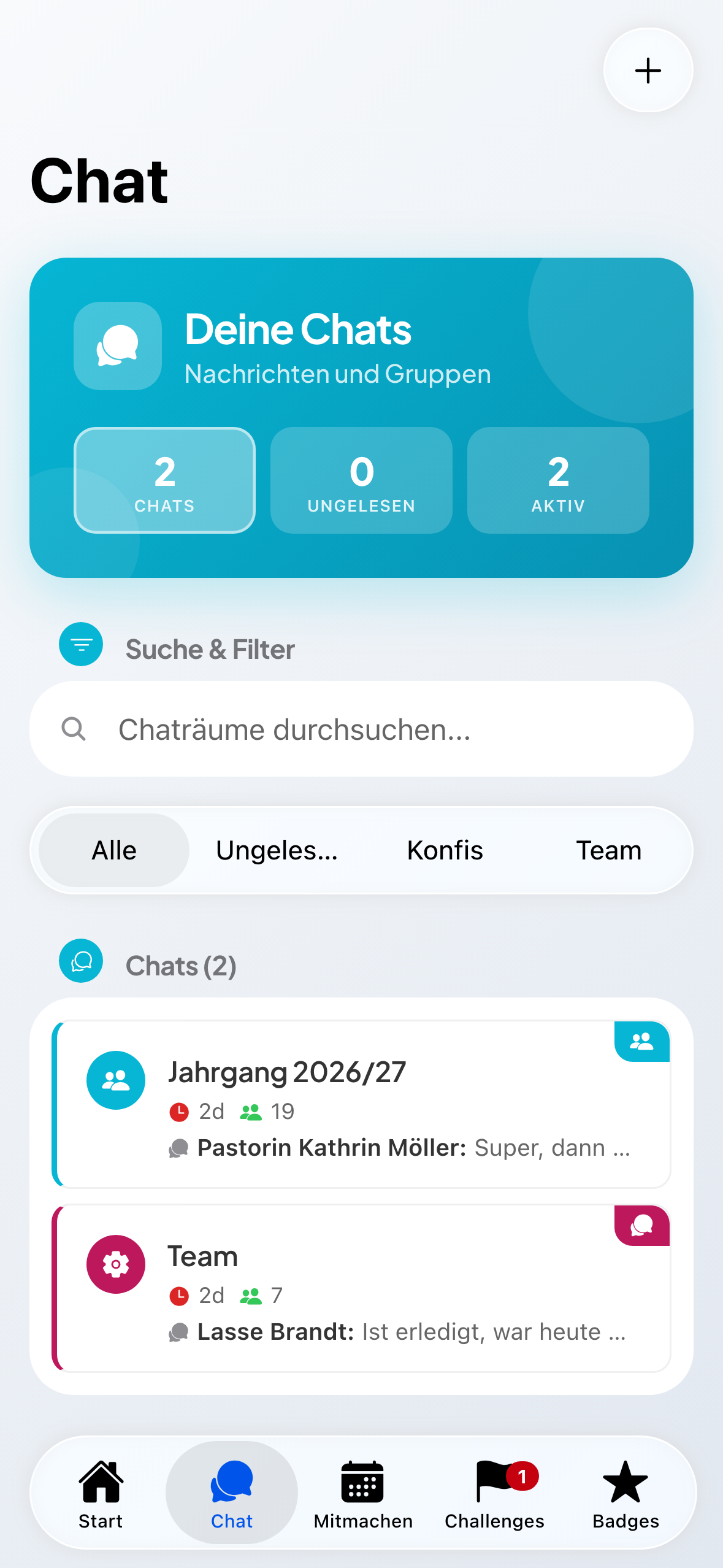 Die Chat-Übersicht der Teamer:innen.