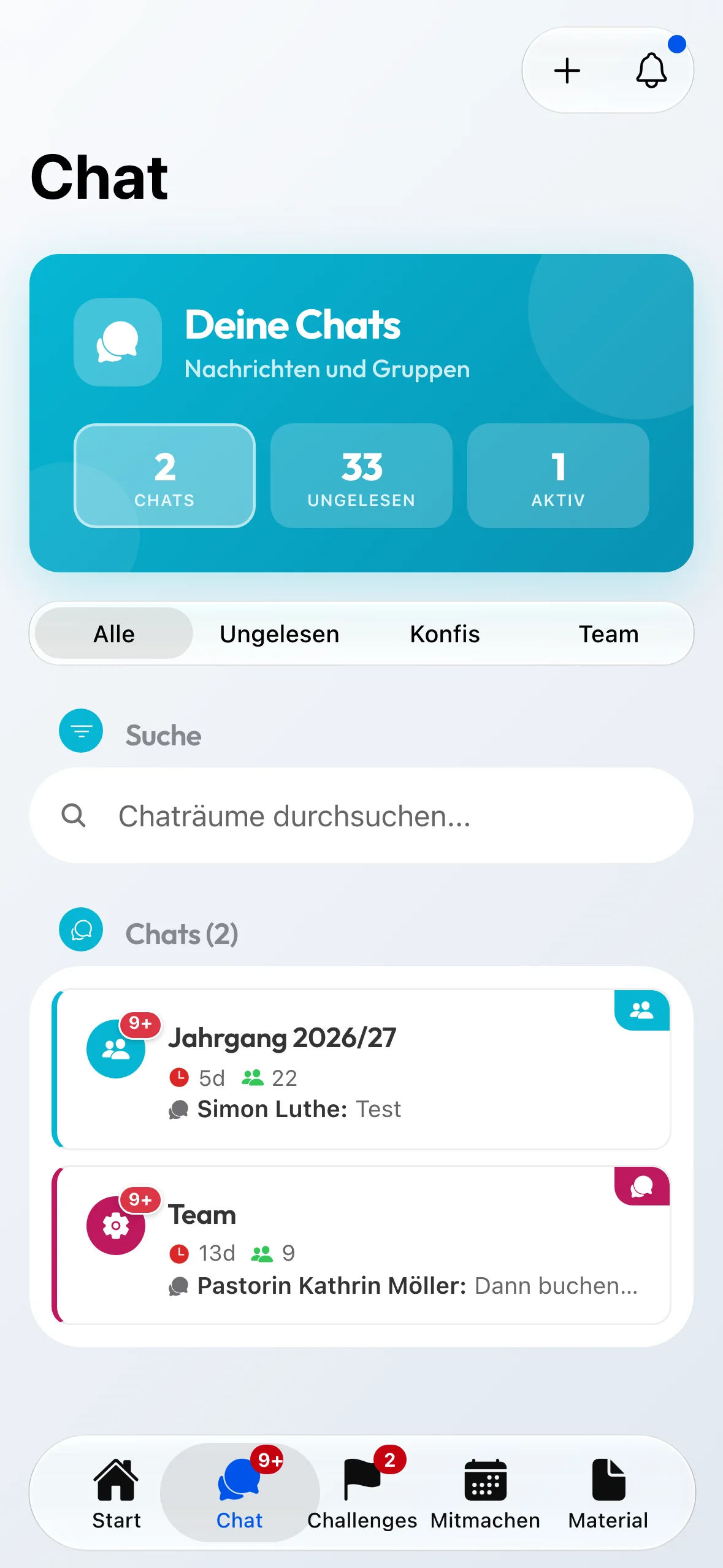 Die Chat-Übersicht der Teamer:innen.