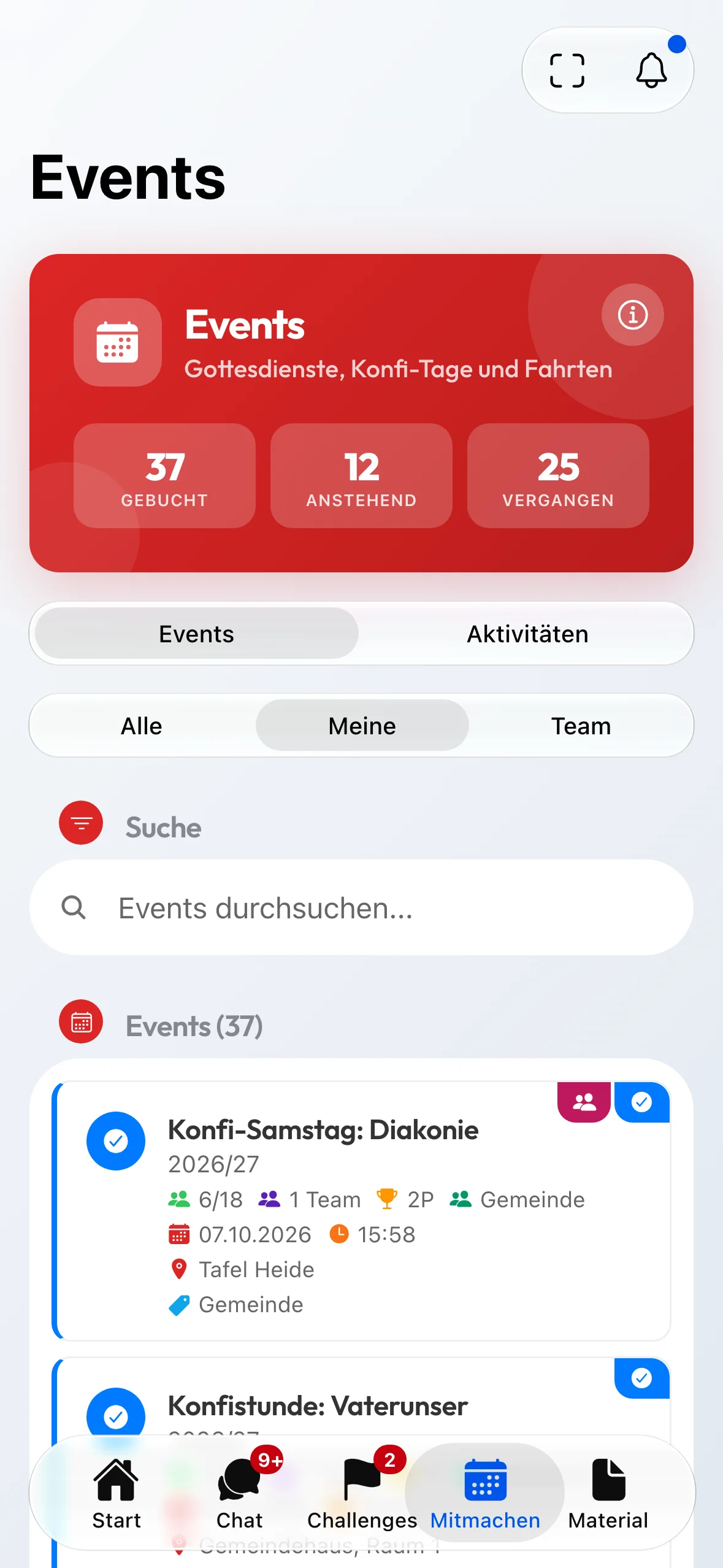 Der Bereich Mitmachen mit Events und Aktivitäten.
