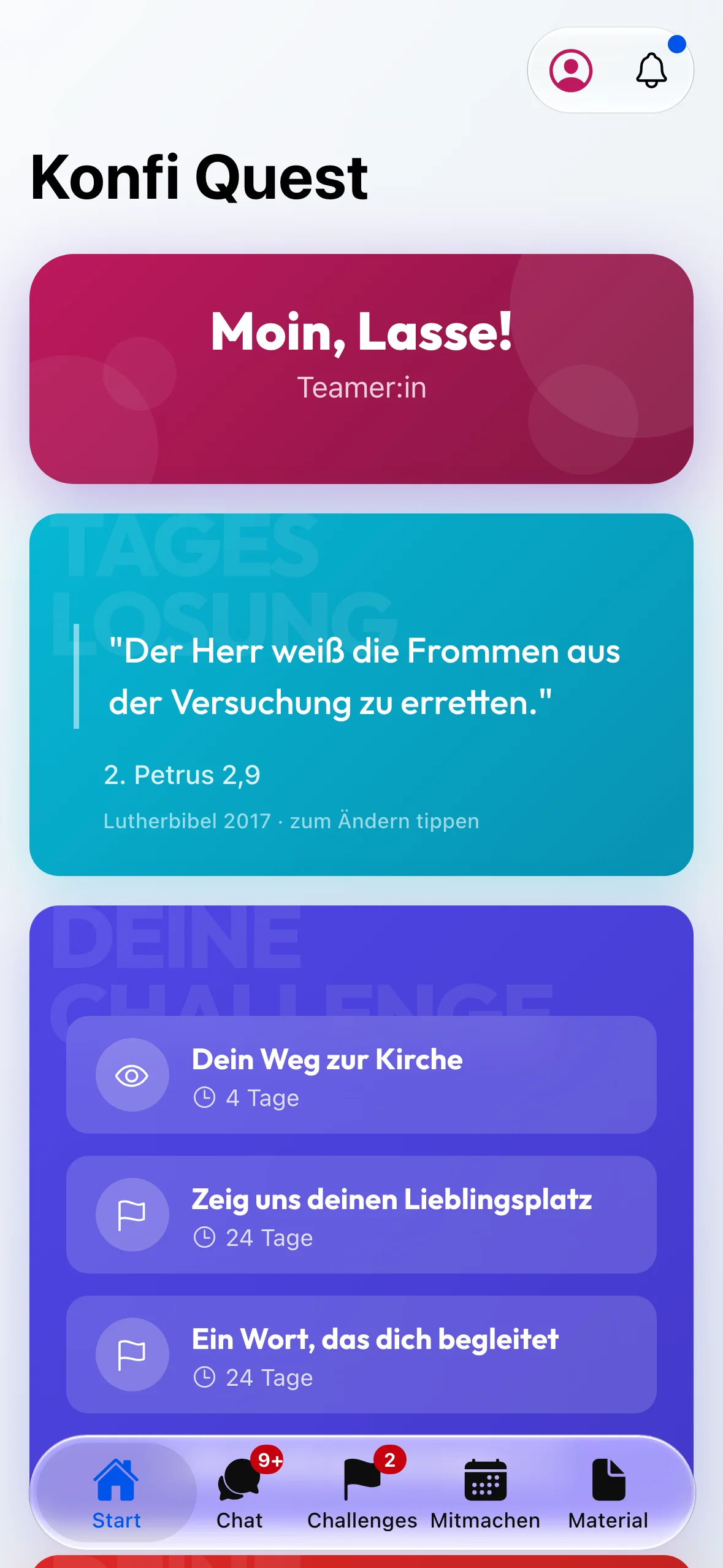 Die Startseite einer Teamer:in: Begrüßung, Tageslosung und die Karte mit den laufenden Challenges.