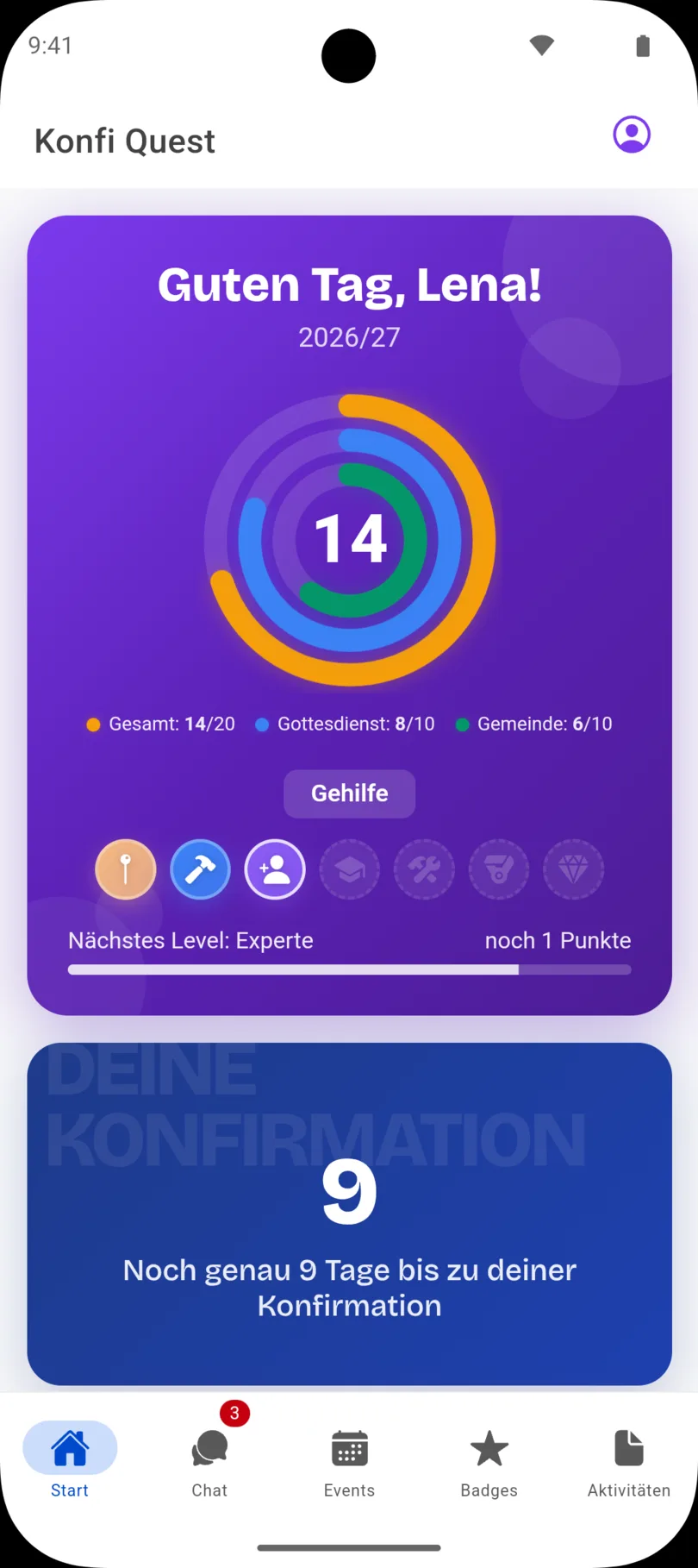 Konfi Quest auf Android: Übersicht der gesammelten Gottesdienst- und Gemeindepunkte